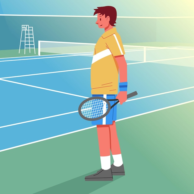 Plik wektorowy mężczyzna tenisista pozowanie na krawędzi kortu tenisowego nowoczesny płaski ilustracyjny charakter