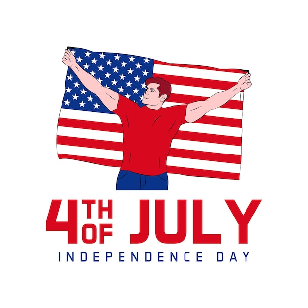 Mężczyzna Trzyma Flagę Usa 4 Lipca Dzień Niepodległości Ilustracja Ręcznie Rysowane Wektor