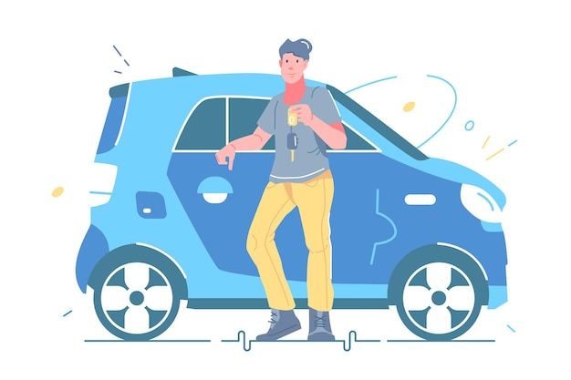 Mężczyzna trzyma klucze od nowego samochodu ilustracji wektorowych. Facet stojący w pobliżu samochodu płaski. Wypożyczalnia pojazdów, salon samochodowy. Koncepcja sprzedaży lub wynajmu samochodu. Na białym tle