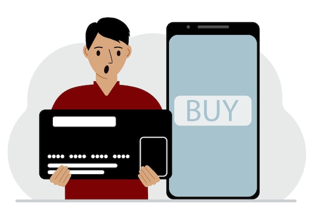 Mężczyzna trzyma ogromną kartę kredytową obok smartfona z przyciskiem Kup na ekranie Koncepcja płatności online z płatnością przez telefon komórkowy