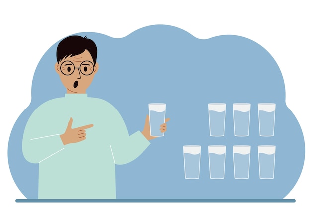 Plik wektorowy mężczyzna trzyma szklankę wody infografika bilansu wodnego 8 szklanek wody każdego dnia zdrowy styl życia