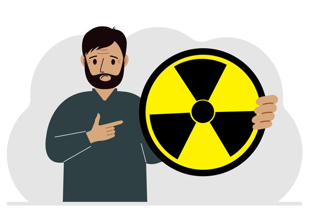 Plik wektorowy mężczyzna trzyma w dłoni duży znak ostrzegający o niebezpieczeństwie radiacyjnym płaska ilustracja wektorowa