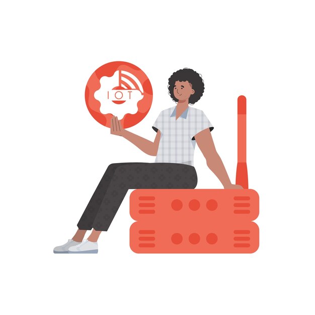 Mężczyzna trzyma w dłoniach ikonę rzeczy Internet Router i serwer Internet rzeczy i koncepcja automatyzacji Odosobniony Modny płaski wektor
