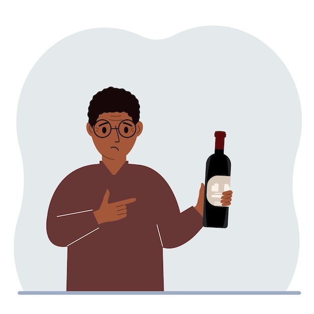 Plik wektorowy mężczyzna trzyma w ręku butelkę alkoholu lub wina smutny mężczyzna cierpi na poważne uzależnienie od alkoholu koncepcja nadużywania alkoholu