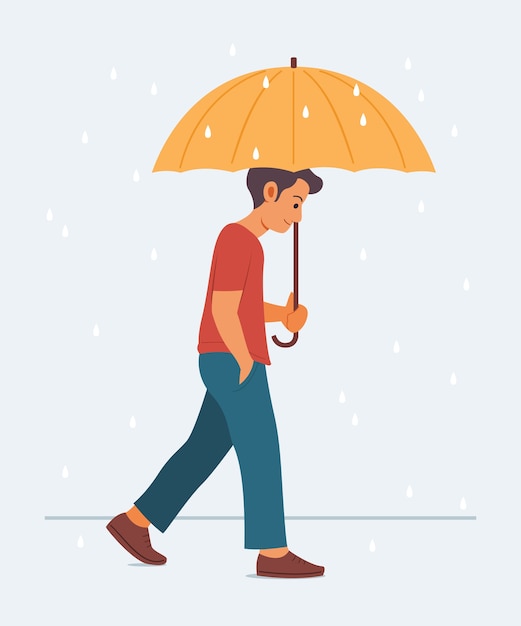 Mężczyzna Trzymaj Parasolkę I Ciesz Się Chodzeniem W Deszczu.