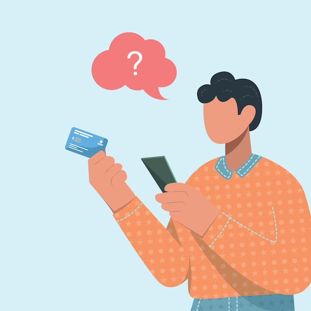 Mężczyzna trzymający kartę kredytową i telefon komórkowy z znakiem zapytania