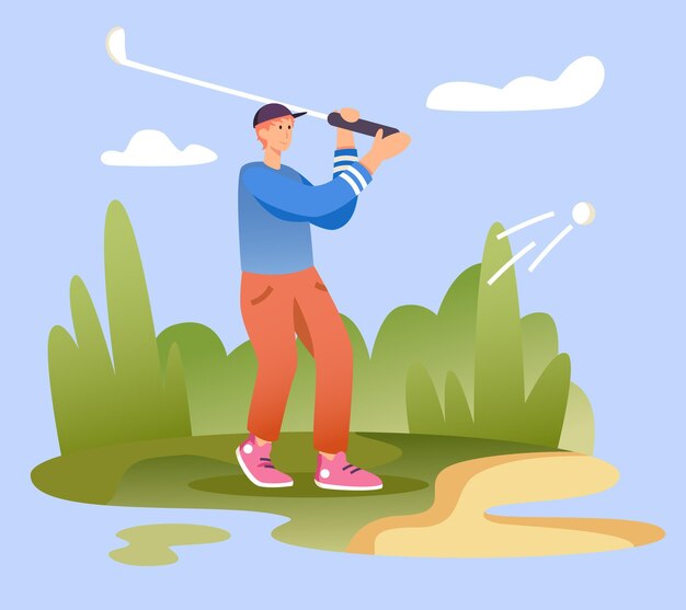 Mężczyzna uderza piłkę kijem trening w klubie golfowym Sportowy i aktywny styl życia