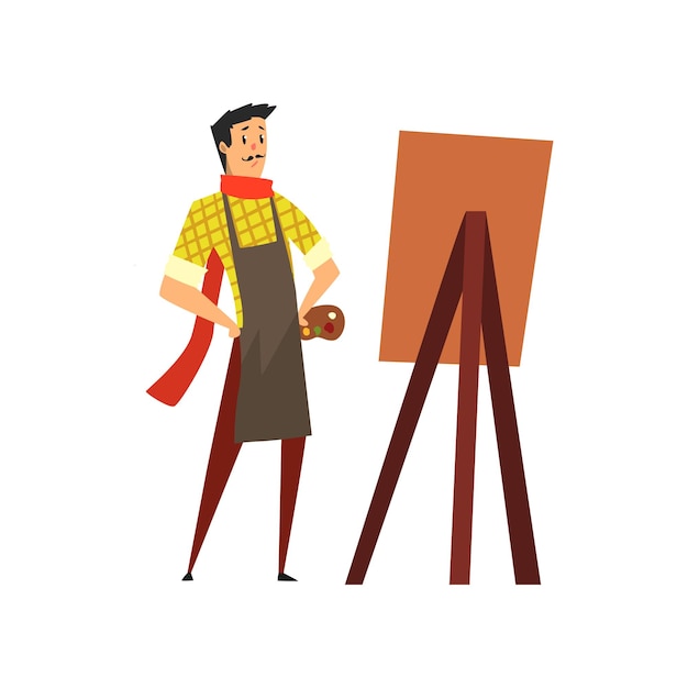 Plik wektorowy mężczyzna w fartuchu rysujący na sztalupie hobby lub zawód koncepcyjny wektor kreskówki