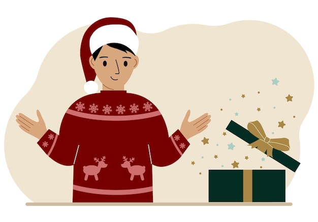 Mężczyzna w pobliżu otwartego prezentu świątecznego lub noworocznego Pudełko na prezent na ferie zimowe