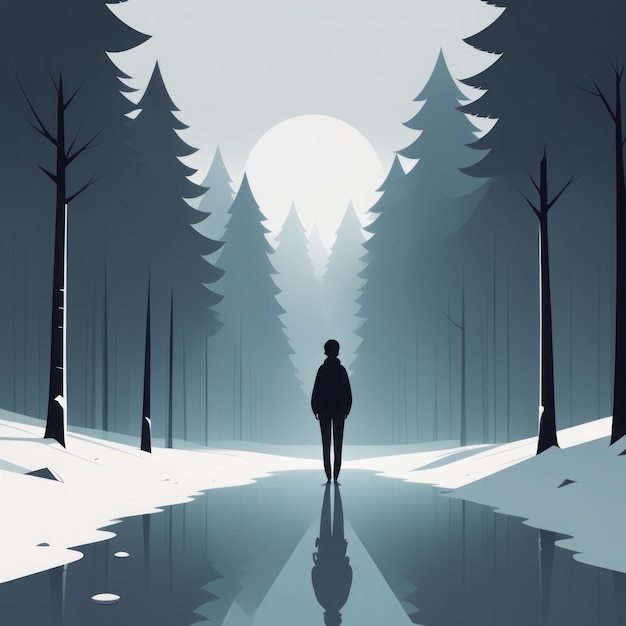 Plik wektorowy mężczyzna w zimowym lesie o zachodzie słońca mężczyźni w zimowym lasie o zachód słońca sylwetka mężczyzny w czarnym co
