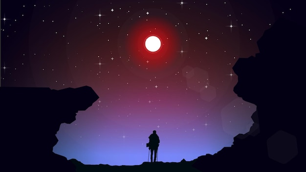 Mężczyzna wędrujący po górach z plecakiem Fioletowe nocne niebo HD wallpaper Traveler