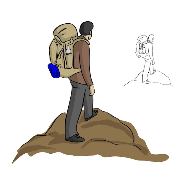 Plik wektorowy mężczyzna wędrujący z plecakiem stojący na szczycie góry ilustracja wektora szkic doodle