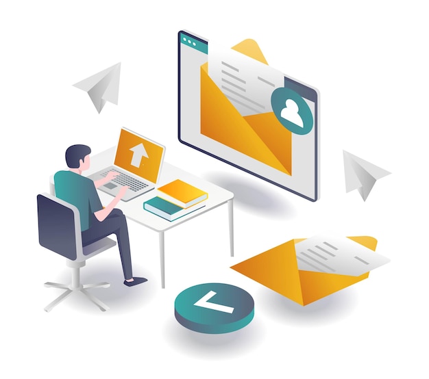Mężczyzna wysyłający e-mail z laptopem
