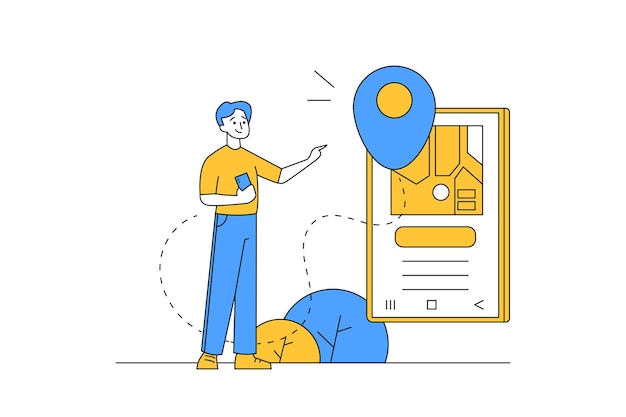 Mężczyzna z ilustracji używa mapy na swoim smartfonie