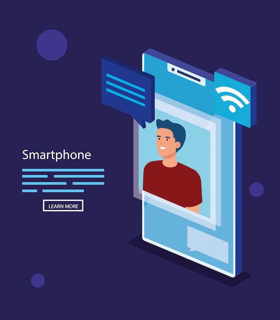 Mężczyzna Z Isometric Smartphone Wektorowym Projektem