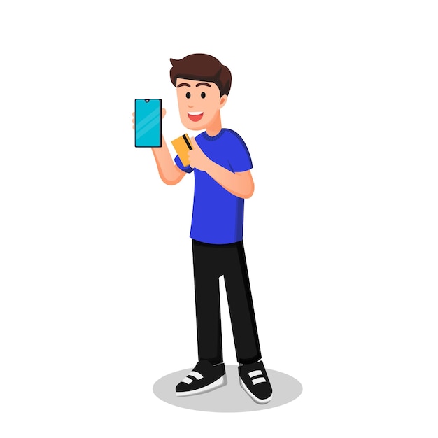 Plik wektorowy mężczyzna z kartą kredytową i smartfonem w ręku do dokonywania płatności online