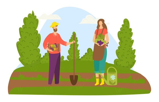 Mężczyzna Z Koszem I Kobieta Trzymająca Warzywa Sadzące Drzewa. Ogrodnicy Uprawiający Rośliny Na Zewnątrz