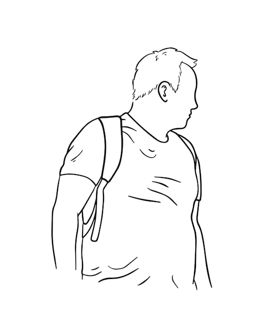 Mężczyzna Z Krótkimi Włosami W Koszulce Z Plecakiem Doodle Liniowy Kolorowanie Kreskówek