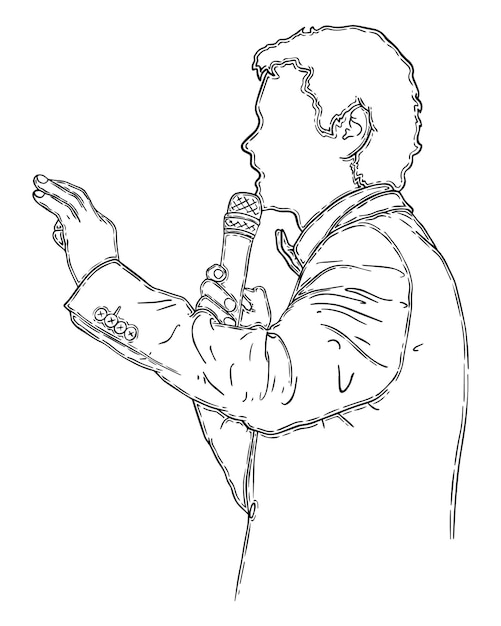 Mężczyzna Z Krótkimi Włosami W Kurtce, Trzymający Mikrofon Doodle Linearną Kreskówkę