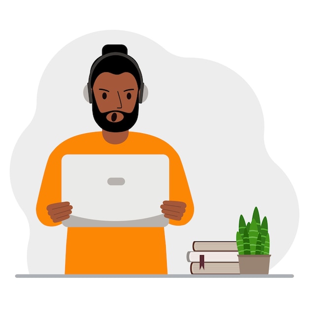 Plik wektorowy mężczyzna z laptopem i słuchawkami praca w domu student freelancer asystent bloger lub biznesmen koncepcja domowego biura