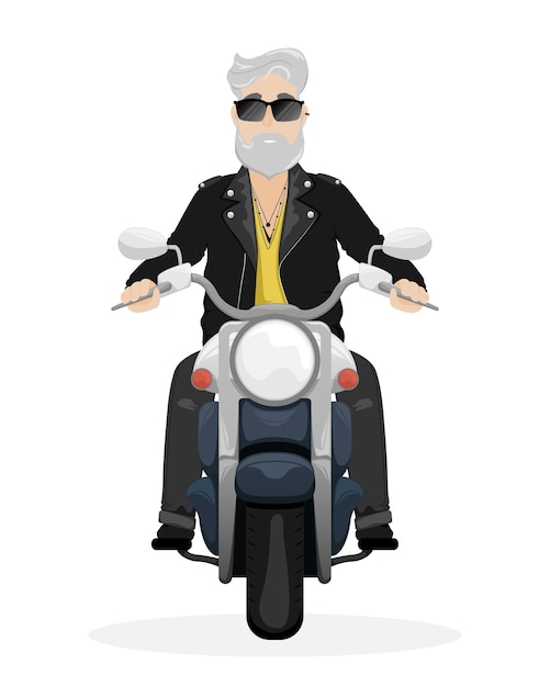 Mężczyzna Z Siwymi Włosami I Brodą Na Motocyklu. Mężczyzna W Okularach Przeciwsłonecznych I Skórzanej Kurtce. Ilustracja Kreskówka