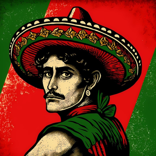 Mężczyzna z sombrero i zielonym i czerwonym tłem.