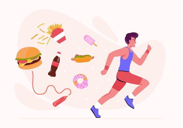 Mężczyźni biegają, aby spalić kalorie z jedzenia i przekąsek, takich jak pączki, słodkie napoje, frytki i hamburgery. Ilustracja w stylu płaskiej