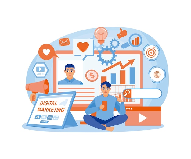 Mężczyźni tworzą reklamy w mediach społecznościowych Optymalizacja SEO w celu zwiększenia celów marketingowych Koncepcja marketingu cyfrowego Ilustracja wektorowa płaska