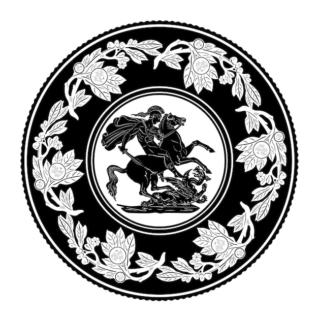 Mężczyźni Walczący Ze Smokiem Suwerenne Logo Model 3 Z Kwiecistą Ramą W Kształcie Koła 3 Ręcznie Robiona Sylwetka
