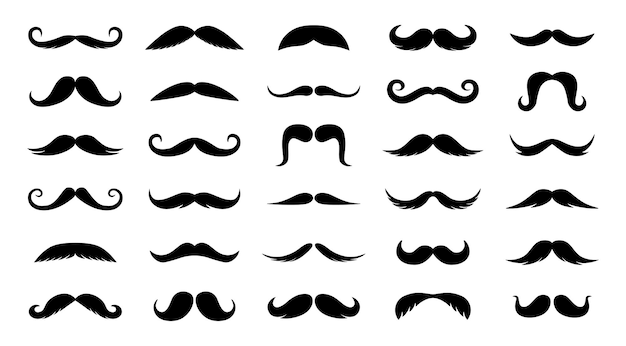 Mężczyźni wąsy czarna sylwetka kręcone włosy na twarzy zabawy hipster logo retro męskie wąsy wąsy golenie i fryzjera symbole kolekcja wektor na białym tle zestaw