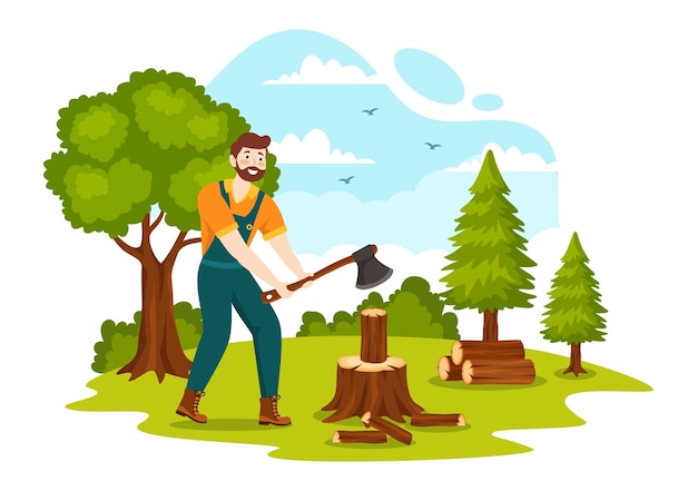 Plik wektorowy mężczyźni wycinający drewno i drzewa ilustracja z narzędziami roboczymi drewniarza maszyny lub piła łańcuchowa