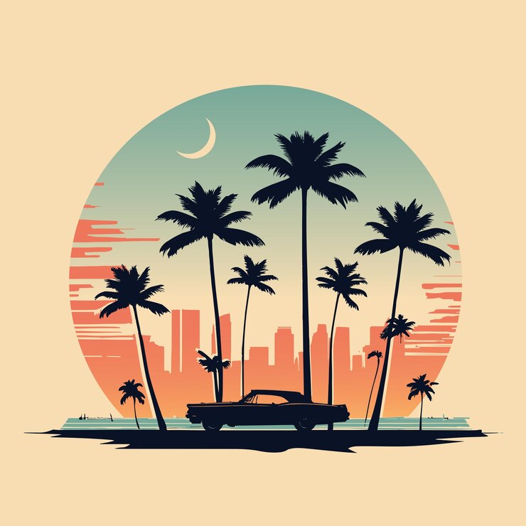 Wektor miami beach line art vintage style z samochodem na koszulkę