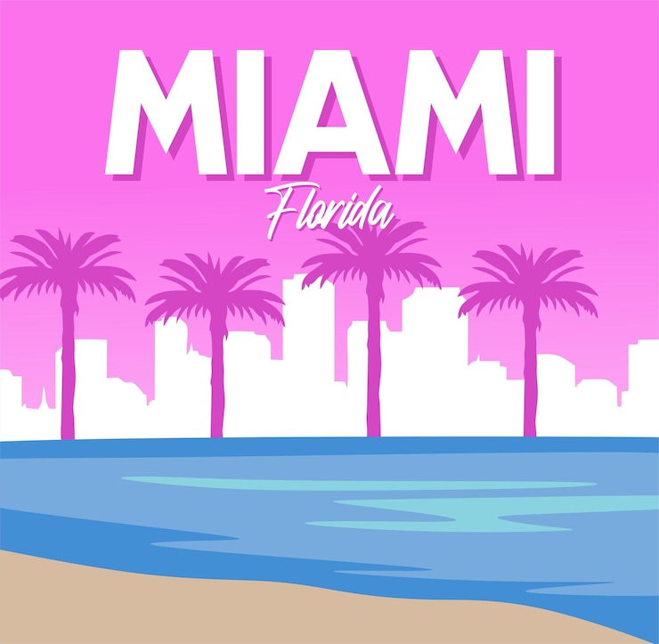 Wektor miami na florydzie z pięknym, różowym niebem.