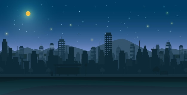 Miasto nocą z księżycem i gwiazdami