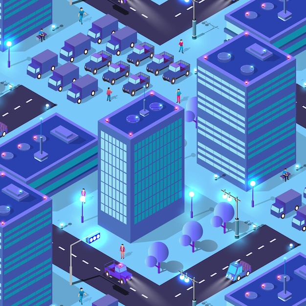 Miasto Przyszłości Inteligentne Miejskie Izometryczne światła Nocne Architektura Ilustracja 3d