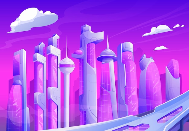 Plik wektorowy miasto przyszłości o zachodzie słońca wieczorem. futurystyczny fantasy drapacze chmur metropolia gród tło wektor. przyszłe miasto w nocnej neonowej panoramie, cybernetyczne budynki megapolis futurystycznego miejskiego śródmieścia
