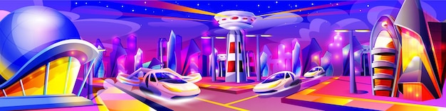 Miasto przyszłości z neonowymi świecącymi światłami. Futurystyczny pejzaż w fioletowych kolorach. Nowoczesne budynki i latające samochody o nietypowych kształtach. Ilustracja wektorowa kreskówka obcych drapaczy chmur architektury miejskiej.