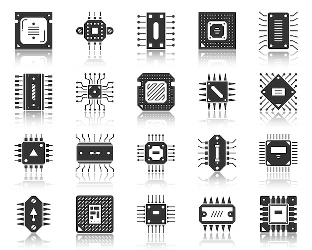 Microchip Cpu Czarny Glif, Zestaw Ikon Sylwetki, Mikroprocesorowy Element Komputera, Zaawansowana Technologia.