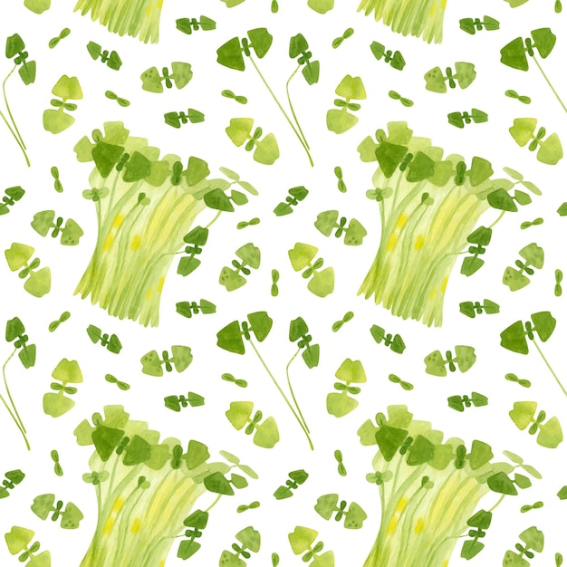 Microgreens Bezszwowy Wzór Wiosenne Liście Ogrodowe Bazylii Akwarela Clipart