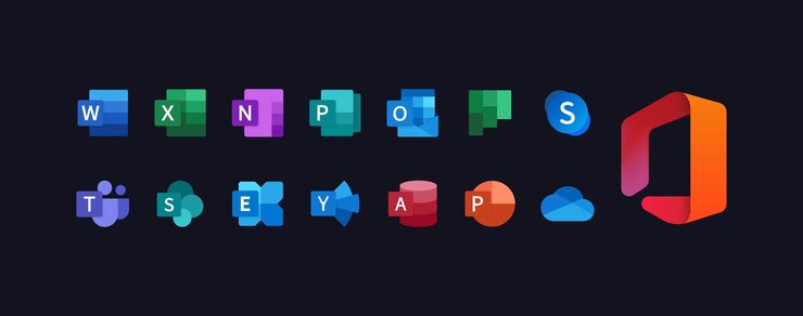 Wektor microsoft office 365 word excel onenote sway powerpoint yammer outlook access publisher sharepoint skype exchange teams onedrive windows 11 ilustracja wektorowa redakcyjna