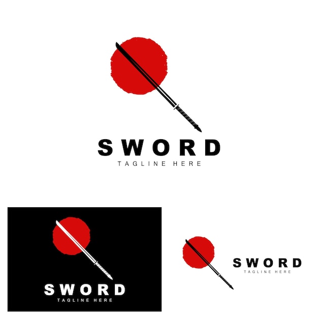 Miecz Logo Samuraj Katana Monochromatyczny Projekt Wektor Wojny Broń Tnąca Narzędzie Szablon Ikona