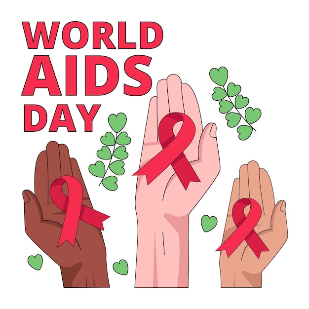 Plik wektorowy międzynarodowy dzień aids ilustracja z rękami trzymającymi czerwony symbol wstążki grafika wektorowa