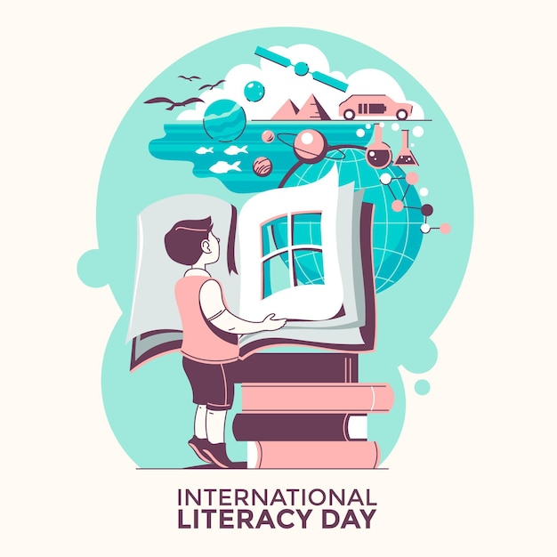 Plik wektorowy międzynarodowy dzień alfabetyzacji z chłopcem i książkami