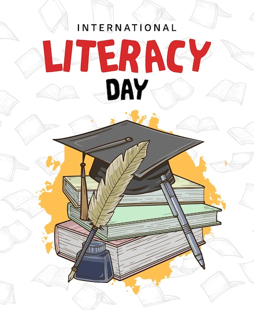 Międzynarodowy Dzień Alfabetyzacji Z Kolorowymi Książkami Pióro Pióro Atrament Na Białym Tle