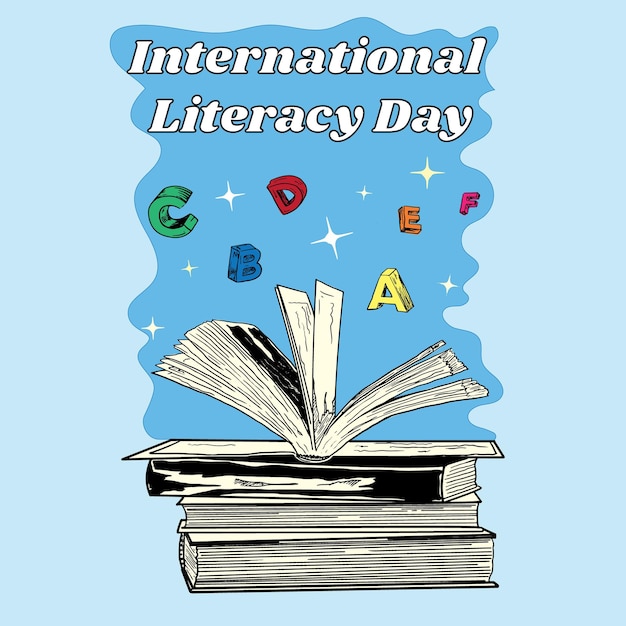 Plik wektorowy międzynarodowy dzień alfabetyzacji z wieloma książkami i niebieskim tłem