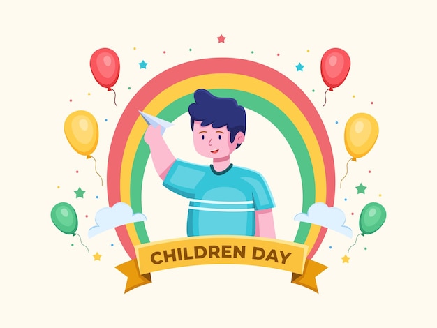 Międzynarodowy Dzień Dziecka Ilustracja Z Dzieckiem Bawiącym Się Papierowym Samolotem