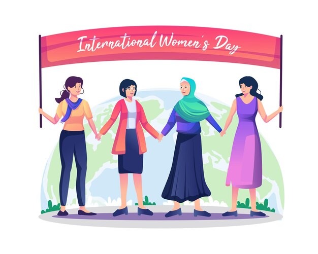 Międzynarodowy Dzień Kobiet Ze Szczęśliwymi, Różnorodnymi Kobietami Stojącymi Razem Trzymającymi Się Za Ręce Ilustracja