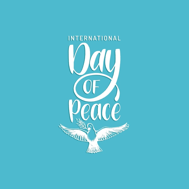 Międzynarodowy Dzień Pokoju, Wektor Strony Napis. Rysowane Ilustracja Gołąb Z Gałązką Palmową Na Niebieskim Tle. Kartka świąteczna, Plakat Z Kaligrafią.