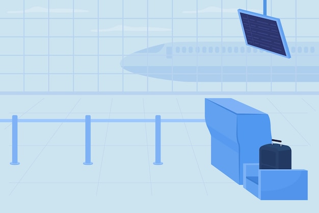 Miejsce Kontroli Bagażu Na Lotnisku Płaski Kolor Ilustracji Wektorowych. Stań Do Kontroli Bezpieczeństwa Przed Lotem. Międzynarodowy Terminal Do Podróżowania Wnętrzem Kreskówek 2d Z Samolotem Do Wejścia Na Pokład W Tle