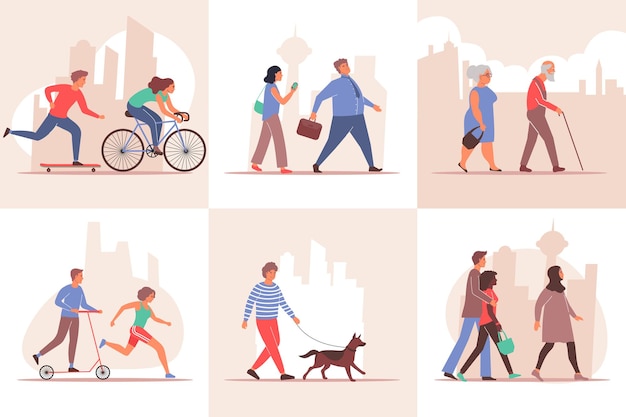 Plik wektorowy miejski zestaw kompozycji z tłem sylwetki pejzażu miejskiego i postaciami spacerujących ludzi w różnym wieku